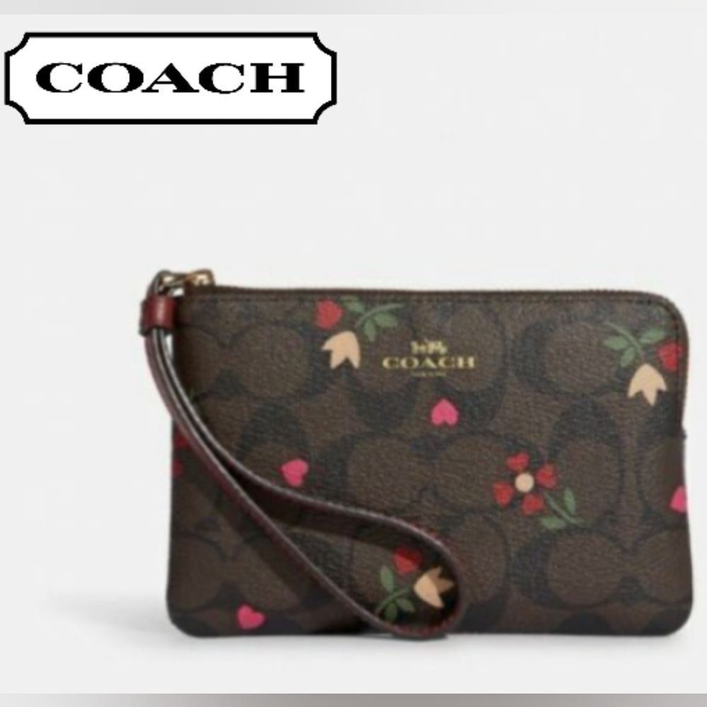 Coach Heart Petal Print Valentine's Day Wristlet (Pink, Red, Brown Cream)